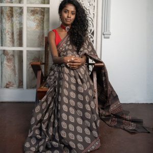 Jaipur Block Printed Cotton Saree - Brown & Red - With Blouse Piece