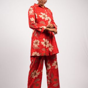 Hot Red with Floral Print Maslin Co-ord Suit