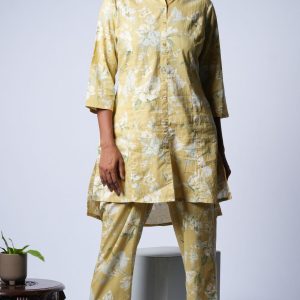 Yellow with White Floral Print Soft Cotton Co-ord Suit